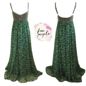 Free People Green Crochet Knit Top Chiffon Ruffle Maxi Dress size 12 Wool Silk Z
